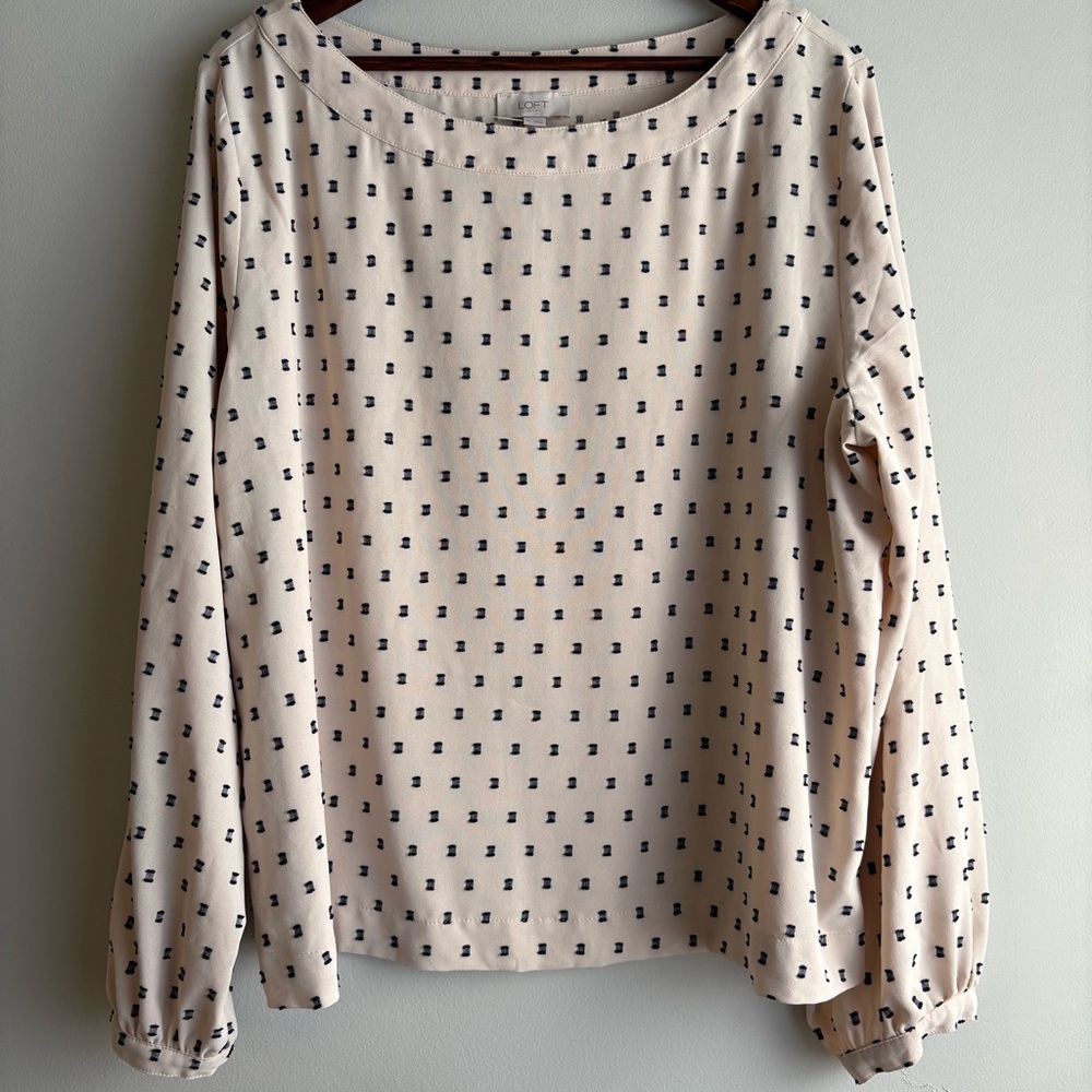 LOFT‎ Outlet Cream Clip Dot Spring Blouse XL Textured Long Sleeve Boho Minimal